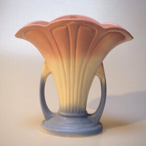 Hull Pottery Mardi Gras Granada Pastel Fan Vase with Handles Art Deco 1947